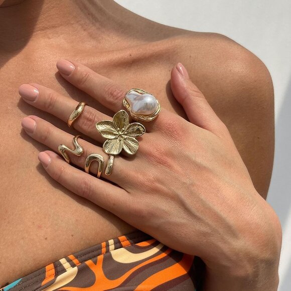 Women Gold Rings Set Pearl Flower Stackable Knuckle Chunky Statement Fashion - Picture 3 of 7